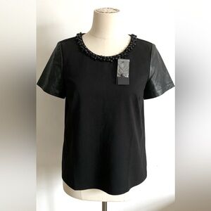 BNWT GUESS Leather Sleeves Embellished Jewel Neckline Top Women’s Blouse Black